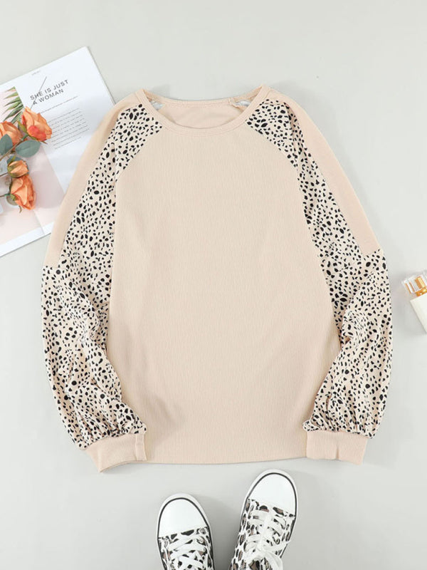 Women's European and American Leopard Print Round Neck Pullover with Long Sleeves