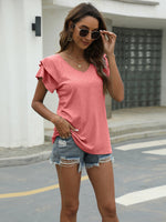 Summer New Solid Color V-neck Double Layer Ruffled Sleeve Loose Top Women's T-shirt - D'Sare 