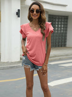 Summer new solid color V-neck double layer ruffled sleeve loose top t-shirt