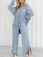 Women's Solid Color Pressed Pleated Long Sleeve Cardigan Shirt Slit Top Trousers Two-Piece Set