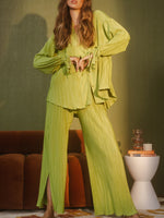 Women's Solid Color Pressed Pleated Long Sleeve Cardigan Shirt Slit Top Trousers Two-Piece Set