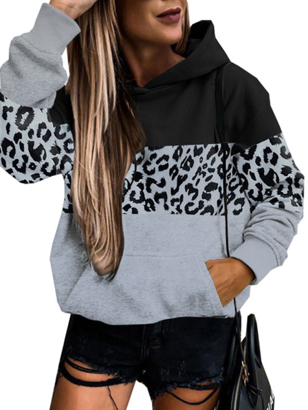 Women's leopard print contrasting color long-sleeve hoodies