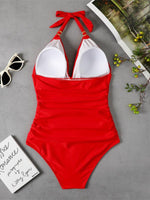 One Piece Swimsuit Conservative Leopard Print Halter Red Backless Swimsuit - D'Sare 