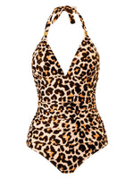 One Piece Swimsuit Conservative Leopard Print Halter Red Backless Swimsuit - D'Sare 