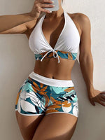 Swimsuit Women's Split High Waist Boxer Ties Printed Solid Color Stitching Bikini - D'Sare 
