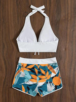 Swimsuit Women's Split High Waist Boxer Ties Printed Solid Color Stitching Bikini - D'Sare 