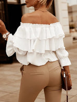 Solid Color 3/4-sleeves Double-ruffled Off-the-shoulder Tie-neck Blouse - D'Sare 