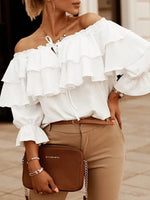 Solid Color 3/4-sleeves Double-ruffled Off-the-shoulder Tie-neck Blouse - D'Sare 