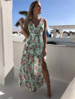 Elegant Floral Print Chiffon Dress Sleeveless Vacation Beach Slit Maxi Dress - D'Sare 