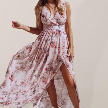 Elegant Floral Print Chiffon Dress Sleeveless Vacation Beach Slit Maxi Dress - D'Sare 