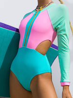 Women's Conservative Contrasting Color Tight Sunscreen Long-sleeved One-Piece Swimsuit