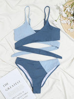 Women's solid color color block thick pit strip cross strap high waist bikini - D'Sare 