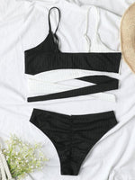 Women's solid color color block thick pit strip cross strap high waist bikini - D'Sare 