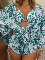 Women's Tropical Print Bikini Deep V-neck Long Sleeve Three Pieces Set - D'Sare 