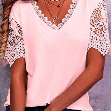 Lace Trim Stitching Loose V Neck Short Sleeve Women's Top - D'Sare 
