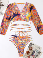 Women's Ethnic Printed Mesh Long Sleeve Bikini Set