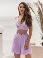 Women's OL temperament solid color asymmetric suspender top high waist shorts two-piece set