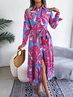 Abstract Floral Print Long Sleeve Belted Shirt Dress - D'Sare 