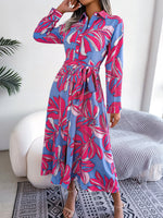 Abstract Floral Print Long Sleeve Belted Shirt Dress - D'Sare 
