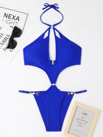 Solid Color Cut-out Pearl Halter One-piece Bikini Swimwear Sets - D'Sare 