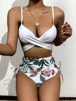 Women's sexy sling mesh print split high waist three-piece swimsuit - D'Sare 