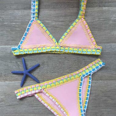 Hand Crocheted Bikini Knit Panel Swimsuit Set
