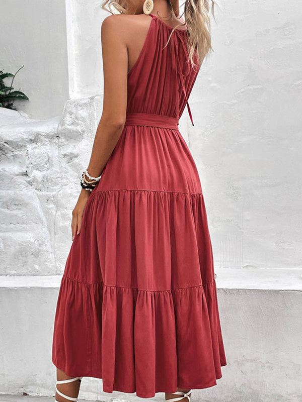 New fashionable women's halterneck solid color mid-length dress